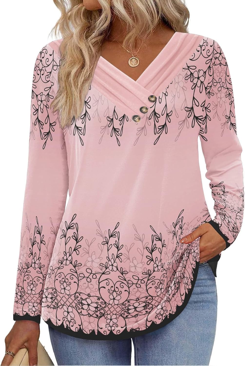 HOTOUCH Womens Fall Tunics Long Sleeve Tops Cross V Neck Shirts Loose Casual Blouses with Decor Button - Image 2