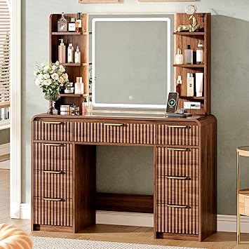 51" Large Vanity,Modern Fluted Makeup Vanity Desk with Mirror and Lights, Z-542htmir