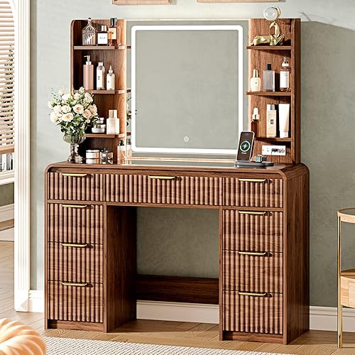 43" Makeup Vanity Desk with Mirror and Lights&Power Outl, 3 Adjustable Light Color,Glass Top Big Vanity Table with 9 Drawers & 6 Shelves,Girls Vanity for Bedroom, Tan