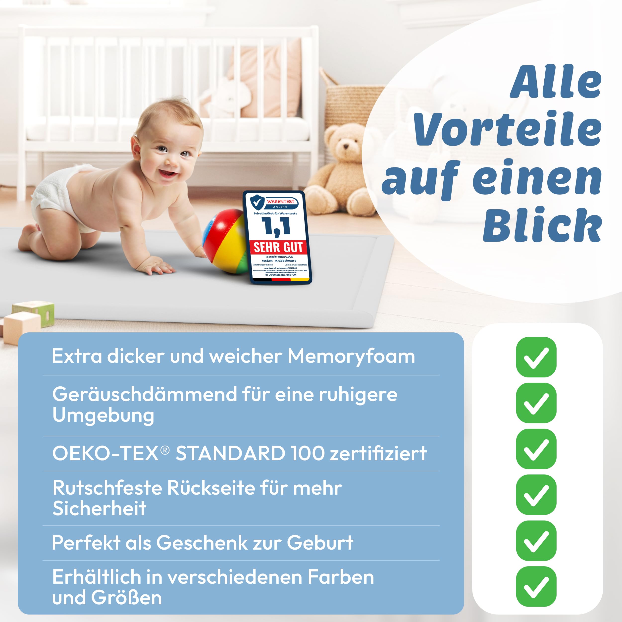 seidenweiche Krabbelmatte Baby Spielmatte Kinder 150x150x3cm grau | 3 cm dick, Premium Memory-Schaum, rutschfeste Unterseite, Geräuschhemmend, sicher und gemütlich fürs Krabbeln und Spielen