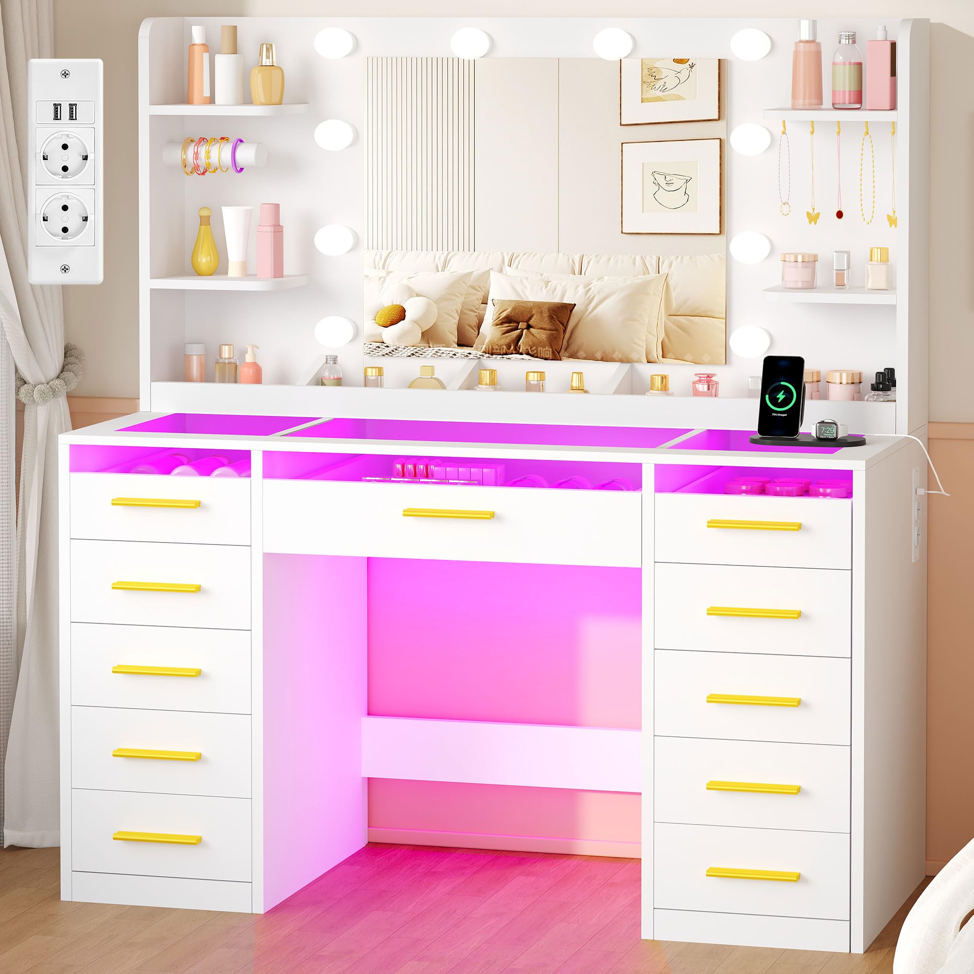ANWBROAD RGB Toeletta da Trucco con Specchio e Luci LED Regolabili, Bianca