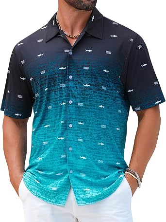 ELETOP Mens Hawaiian Shirt Summer Stretch Short Sleeve Tropical Beach Button Down Casual Shirt