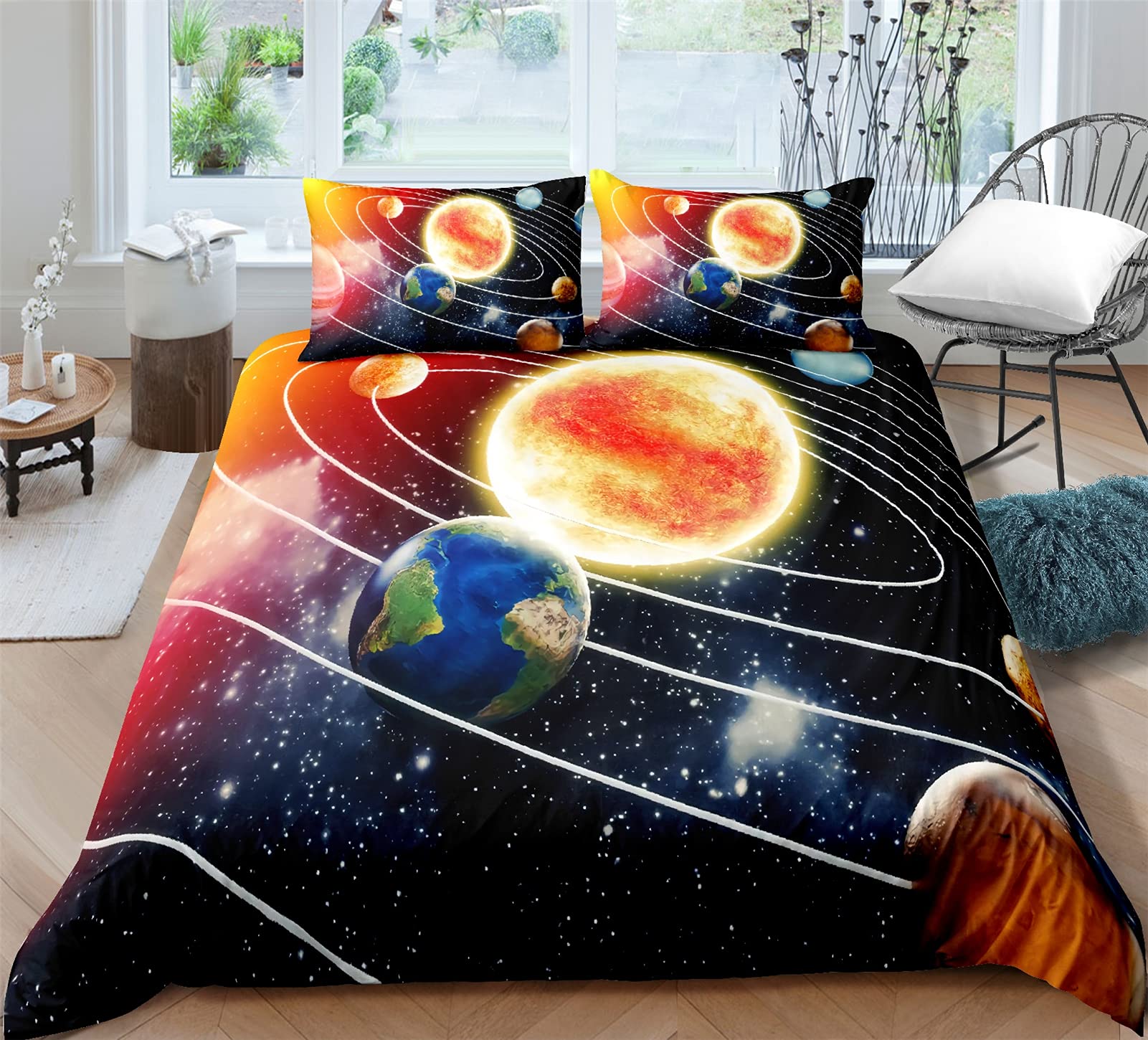 Timiany Kids Beddengoed Set zonnestelsel Planeet Jongens Tieners Dekbedovertrekken Met Rits 135x200cm 80x80cm Planeten & Sterren Microvezel Dekbedovertrek (Universum-N, 200x200 50x75