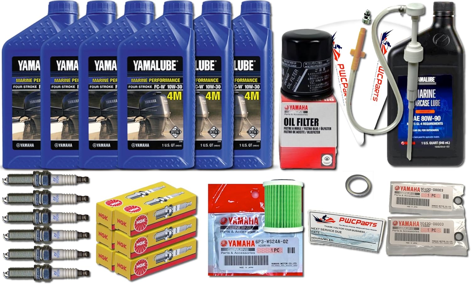 YAMAHA OEM 2005+ F250A F250B 3.3L V6 Oil Change 10W30 FC 4M Lower Unit Gear Lube Drain Fill Gaskets NGK Spark Plugs LFR6A-11 Primary Fuel Filter Maintenance Kit