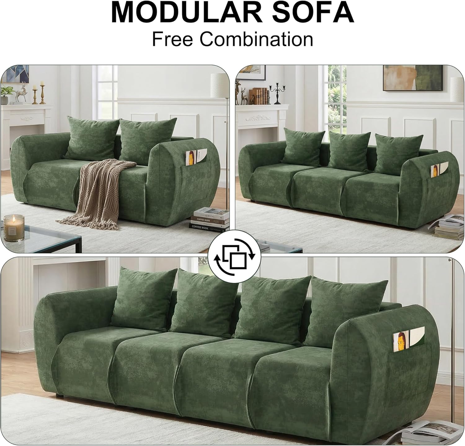 Modern Modular Sectional Sofa - Ultra Soft Chenille Green Boneless Couch, Cloud Couches for Living Room with Comfy Seat, Side Storage Pocket & No Assembly Required (Loveseat)