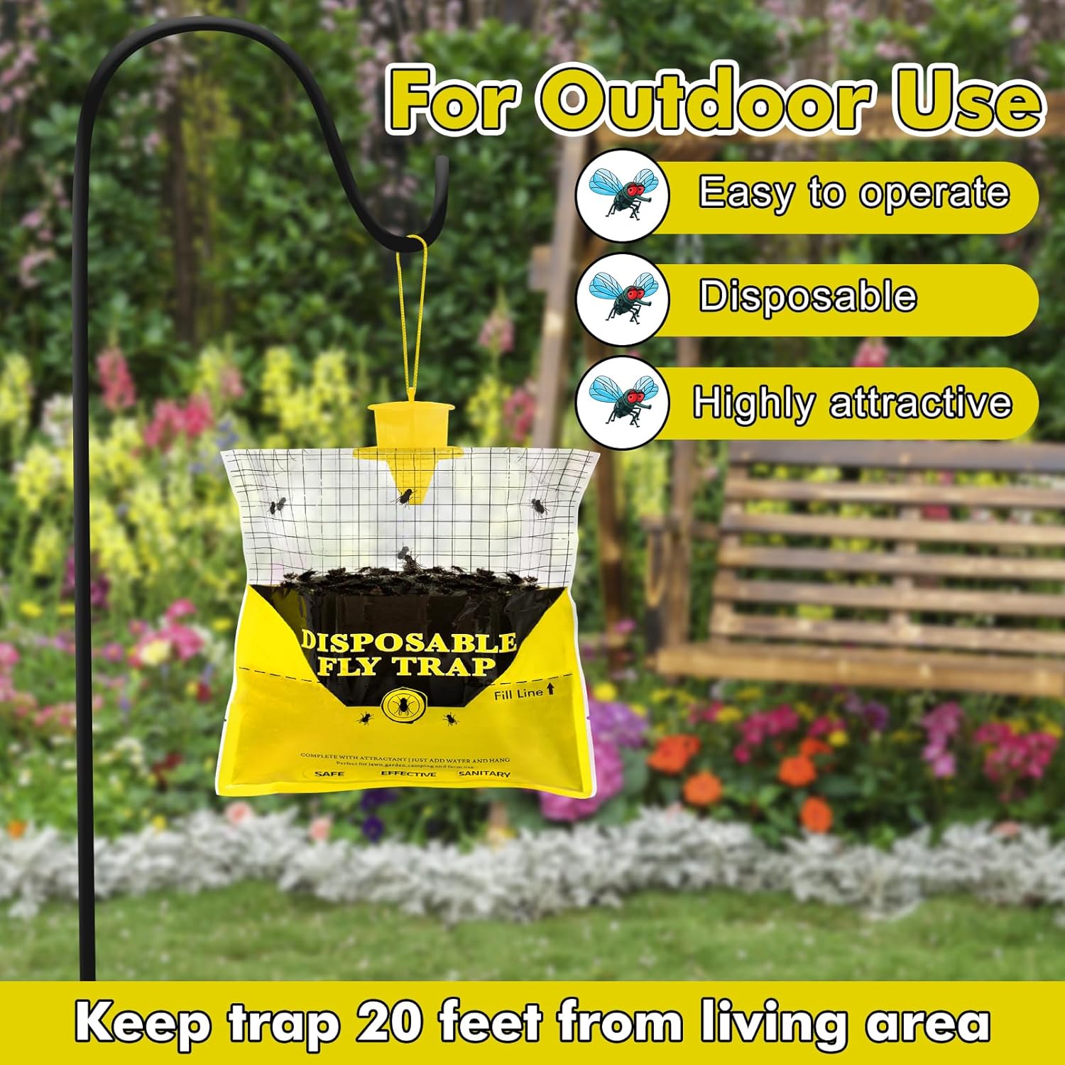 Glovv Fly Traps Outdoor Hanging with Fly Bait, 12 Pack Disposable Bags Hunter Ranch Trap, Flies Control Bug Catcher Killer Repellent for Stable Horse Barn & Farm