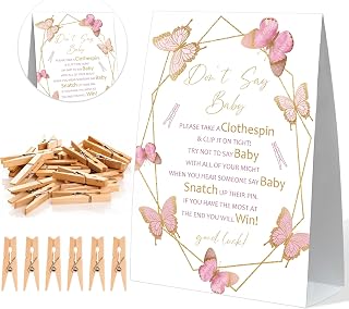 Dont Say Baby Baby Shower Game, Blush Pink Butterfly Baby Shower Sign and 50 Clothespins, Gender Reveal Games, Baby Shower Centerpieces, Baby Shower Gifts for Gender Reveal Party, Baby Shower,2