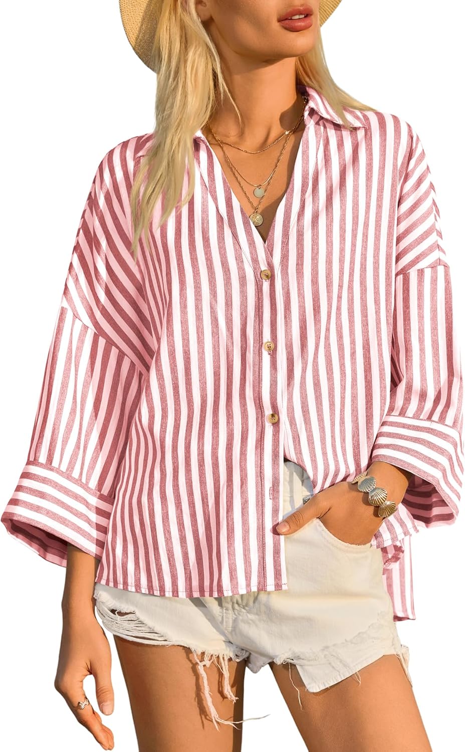 Cicy Bell Womens 3/4 Sleeve Striped Button Down Shirts Summer V Neck Tops Casual Loose Fit Work Blouse