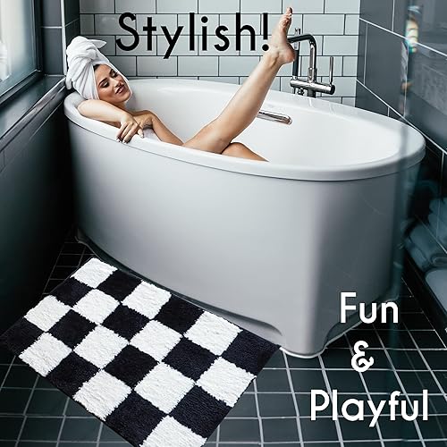 Miniatura 6 de Evovee Alfombra de baño a cuadros en blanco y negro, alfombra de baño a cuadros, bonita alfombra de baño divertida, divertida, divertida, preparada,