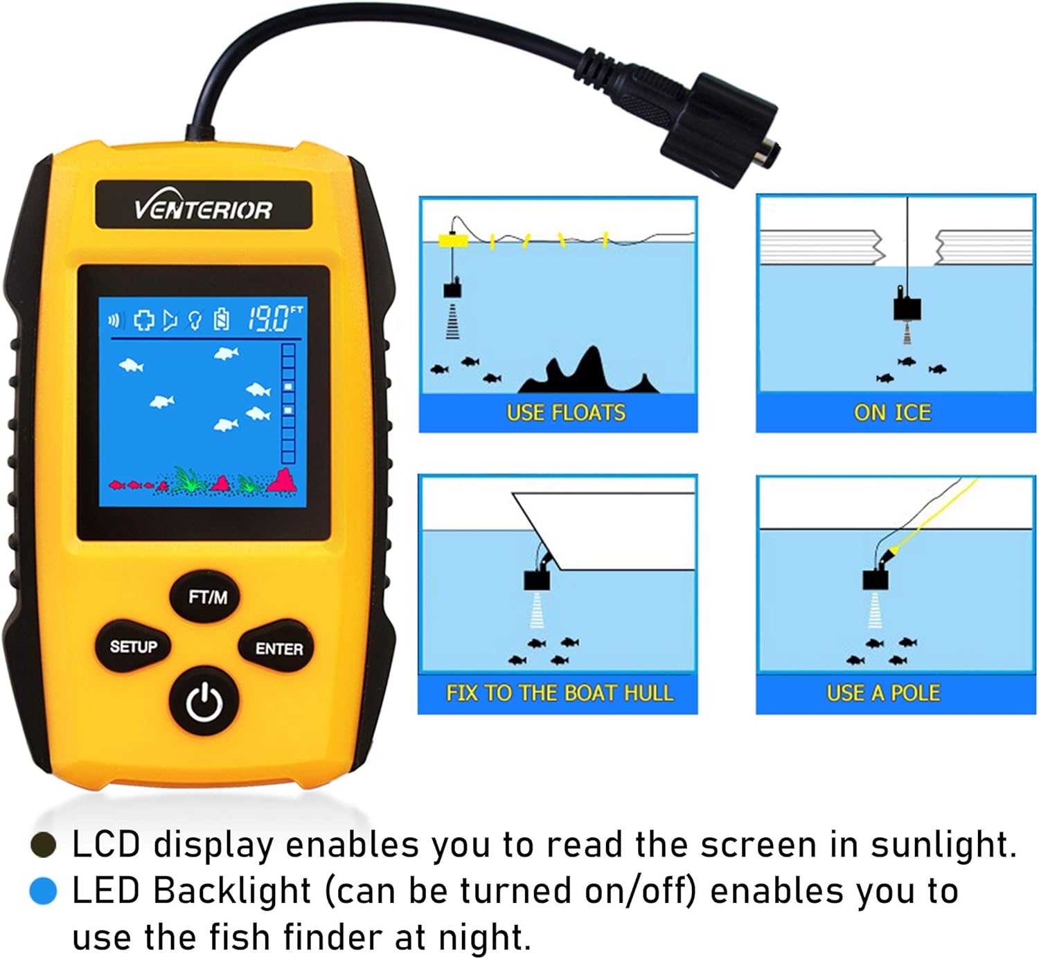 Venterior Portable Fish Finder Ice Kayak Fishing Gear Depth Finder with LCD Display and Sonar Transducer: GPS & Navigation