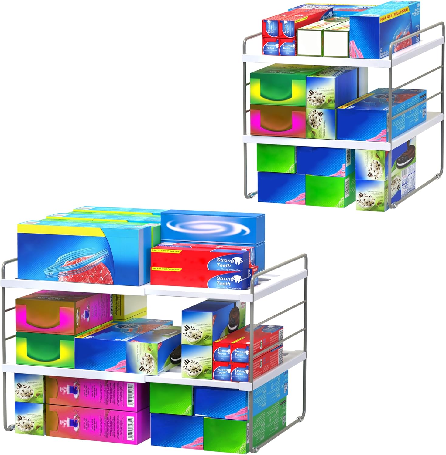 YAN & HIN Title 2 Pack Expandable Cabinet Organizer Shelf, 3-Tier Kitchen Cabinet Organizer for Tupperware & Food Container Storage, Adjustable Pantry Shelf Organizer for Bottles, Lids & Countertop