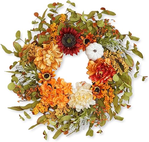 Miniatura 7 de Coronas de otoño para puerta delantera exterior de 23 pulgadas con peonías, girasoles y calabazas, corona de otoño al aire libre para Acción de