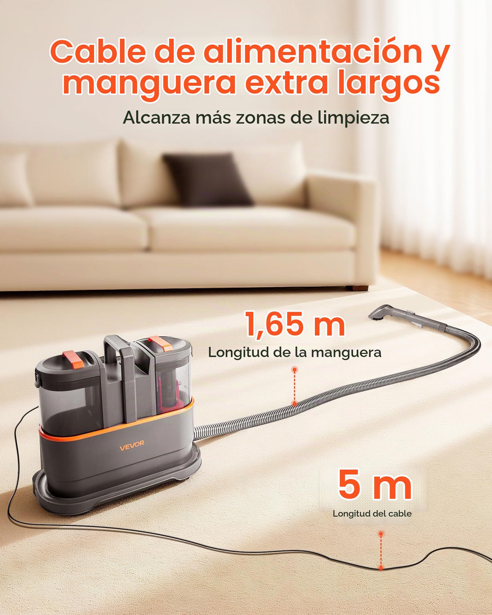 VEVOR Máquina de Limpieza de Alfombras, con Tanque de Agua Limpia de 1,5 L y Tanque de Agua Sucia de 0,8 L, Limpiador Portátil Profundo de Manchas de Mano de 11,5 kPa para Alfombras, Sofás y Coches