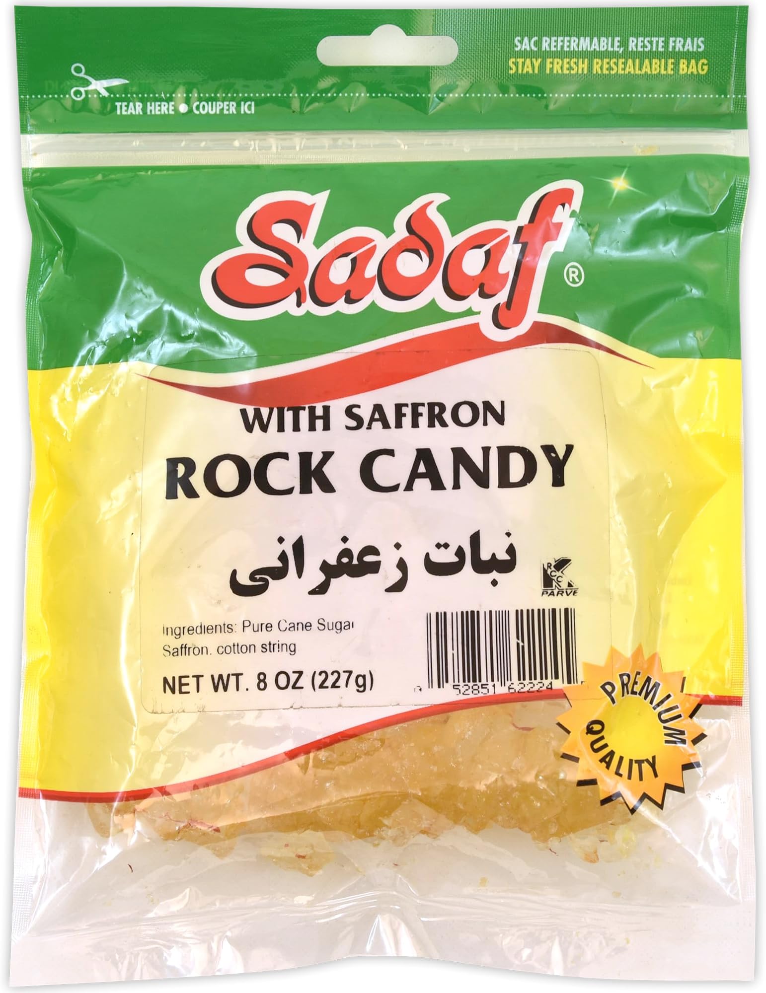 Rock Candy with Saffron - Saffron Rock Candy for Tea and Coffee - Food Flavoring Rocks- 8 Oz Resealable Bag