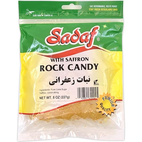 Sadaf Caramelo de roca con azafrán  Caramelo de roca de azafrán para té y café  Rocas de caramelo aromatizantes de alimentos  Bolsa resellable de 8