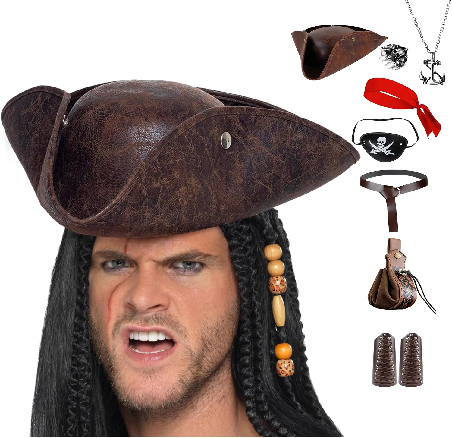 Pirate Costume Accessories Men Women Pirates Outfit Tricorn Pirate Hat Head Scarf Bandana Viking Belt 8PCS