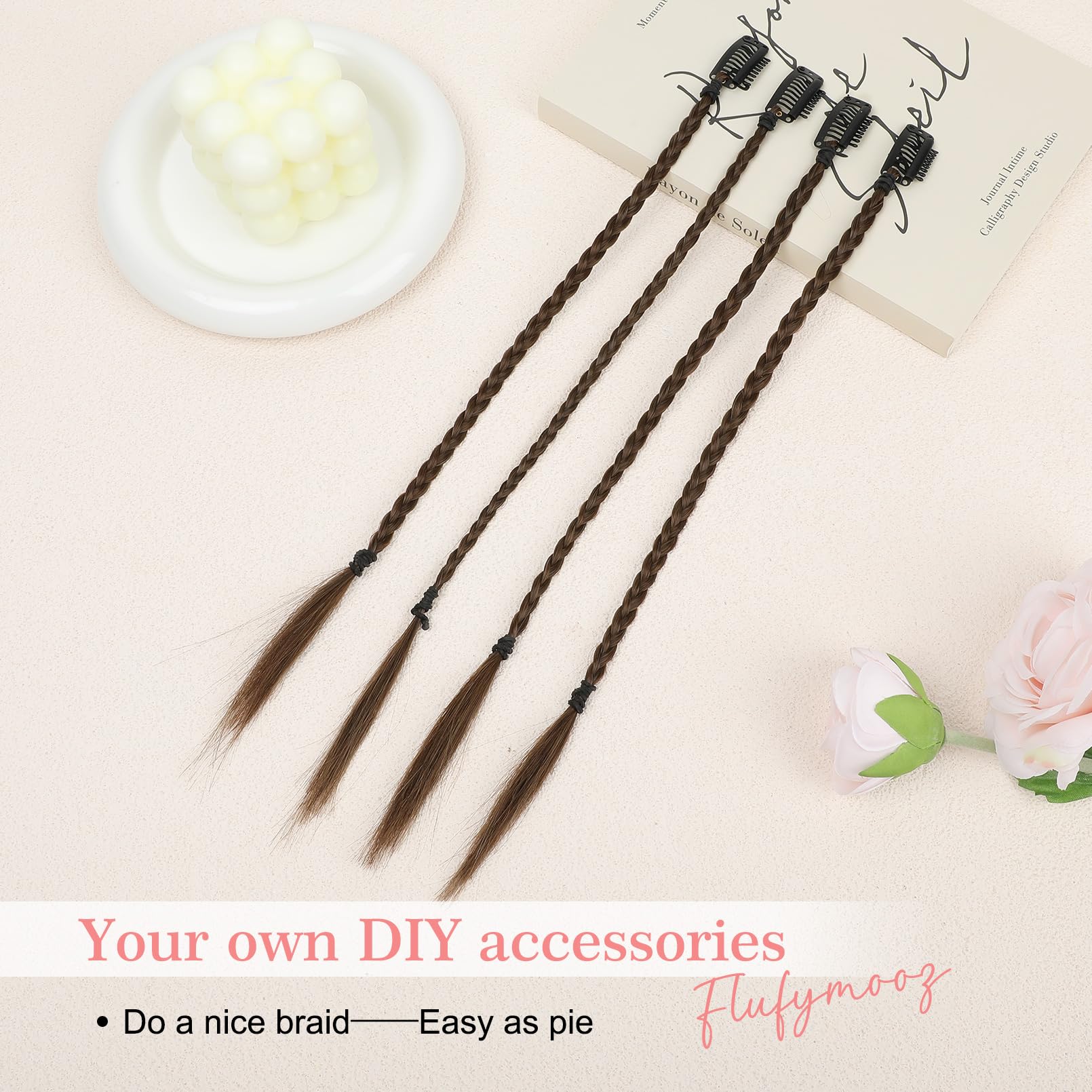 FLUFYMOOZ 4PC Braid in Hair Extension 14 Inch Clip in Braid Extensions for Women Synthetic Hairpieces for Daily Use Party Styling (Ginger Brown) - Image 3