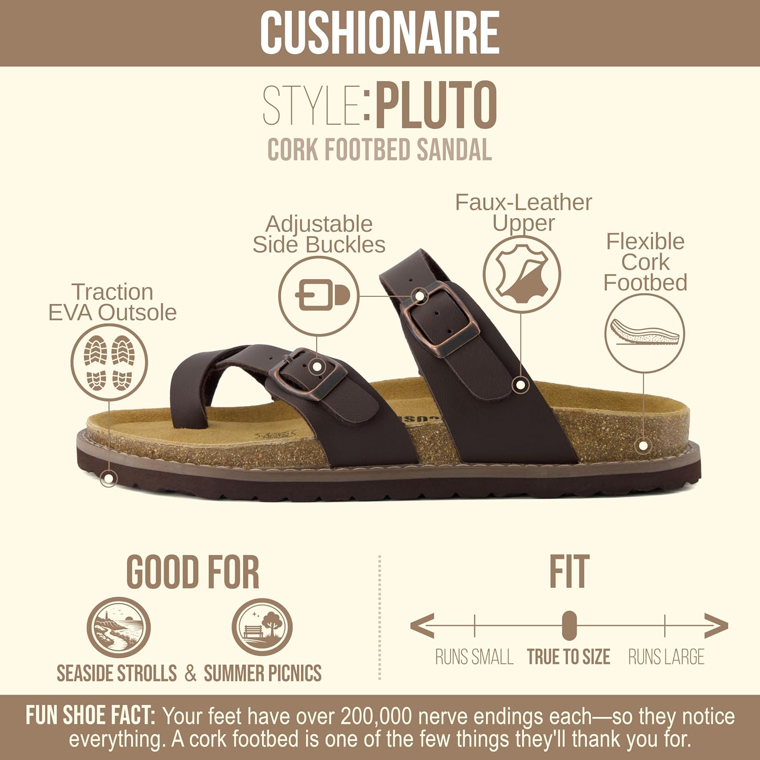 CUSHIONAIRE Pluto Cork Footbed Summer Sandals for Women Comfortable Slides with Adjustable Buckles, Toe Loop & Stitched Design – Stylish Slip On Women Footwear