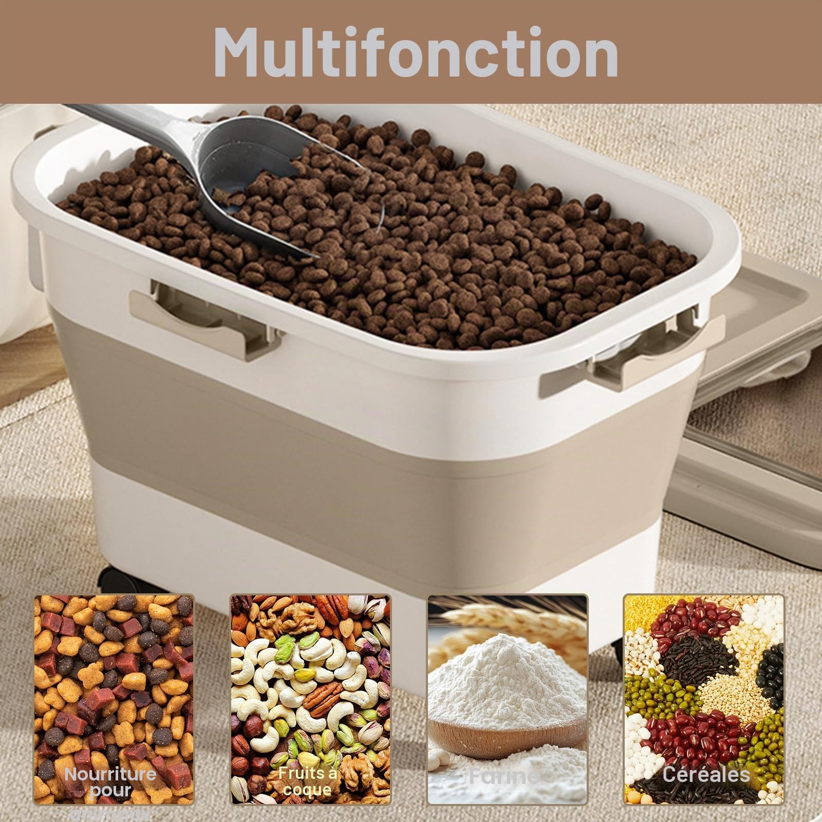 Conteneur à Croquettes pour Chien et Chat, Capacité 7-10 kg, Boîte de Stockage Pliable avec Roues, Cuillère et Tasse à Mesurer, Rangement Aliments Secs, Beige Kaki