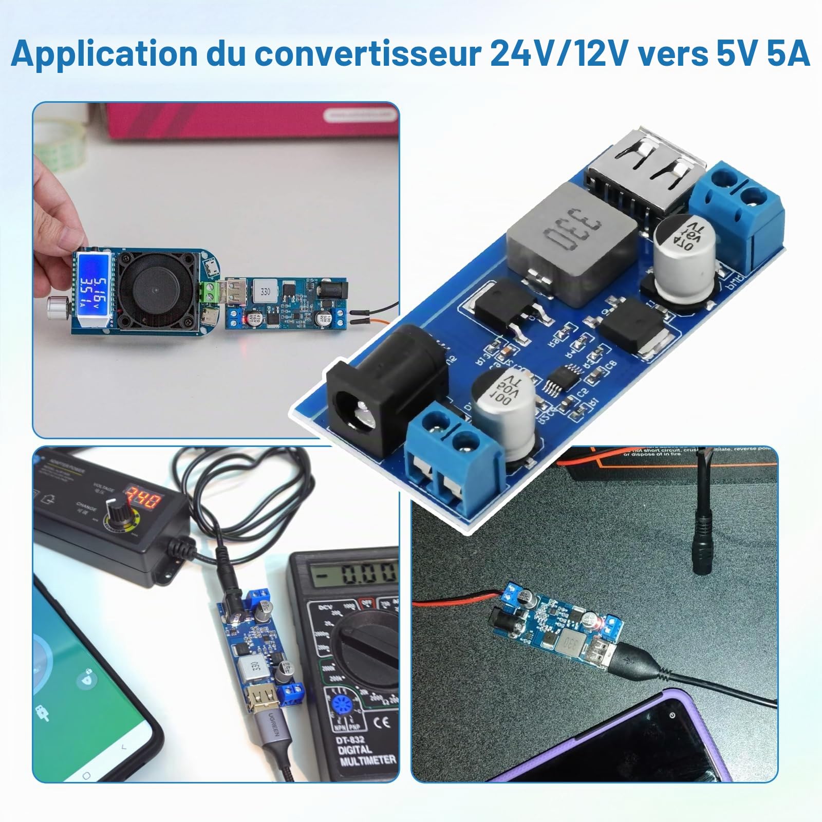 Buck Converter Module RUIZHI 6 pièces DC-DC Convertisseur d'alimentation Réducteur 24 V/12 V à 5 V/5 A Step Down Power Module avec port USB Prend en charge la charge rapide compatible Arduino