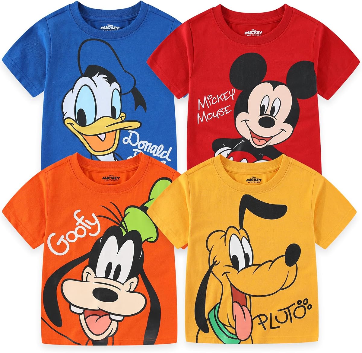 Disney Mickey Mouse & Friends Boys' 4 Pack T-Shirt for Toddler and Little Kids – Blue/Red/Yellow/Orange