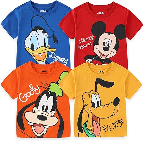 Disney Mickey Mouse & Friends - Paquete de 4 camisetas para niños pequeños y niños pequeños, azulrojoamarillonaranja