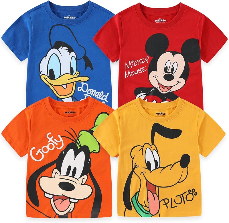 Disney Mickey Mouse & Friends Boys' 4 Pack T-Shirt for Toddler and Little Kids – Blue/Red/Yellow/Orange