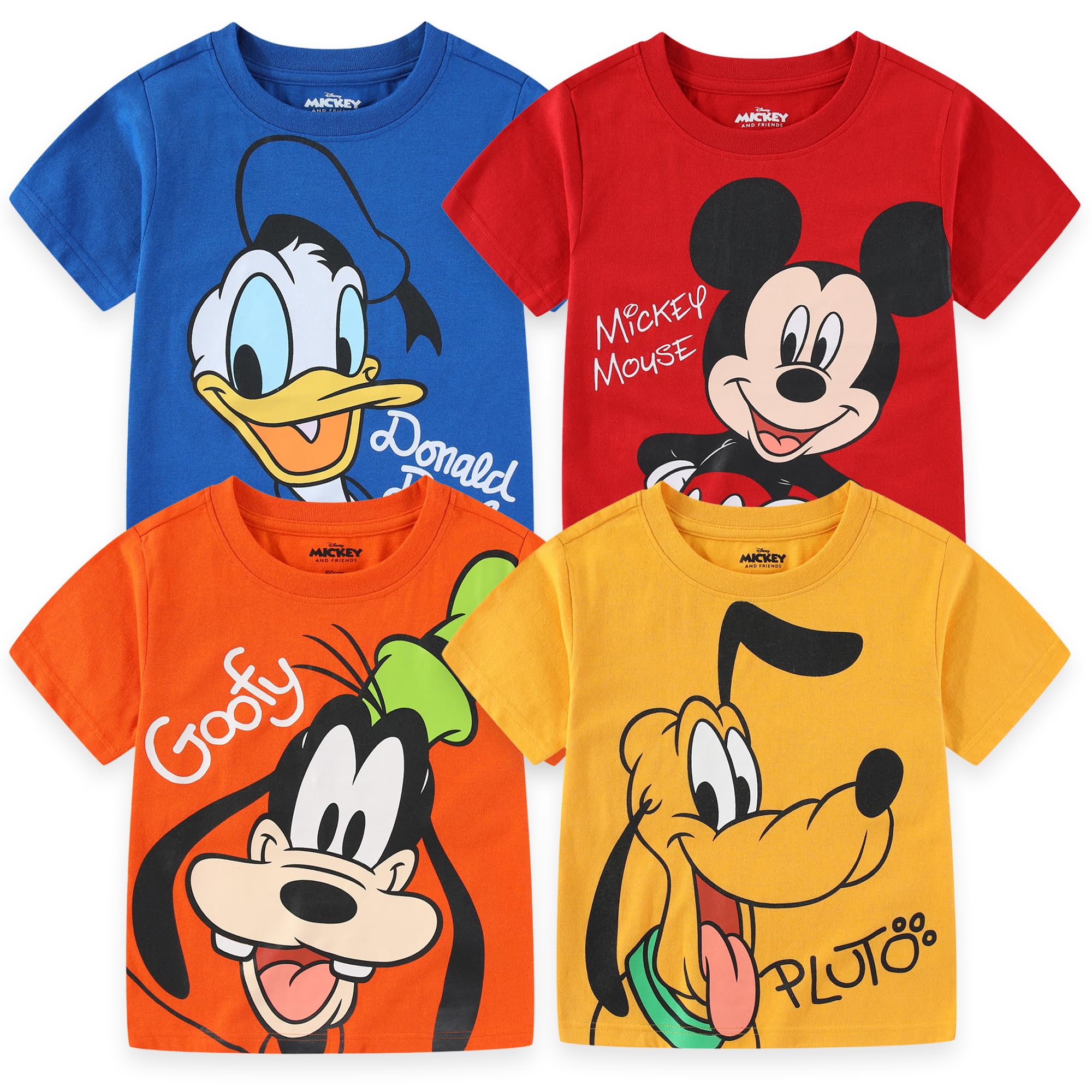 Disney Mickey Mouse & Friends Boys' 4 Pack T-Shirt for Toddler and Little Kids – Blue/Red/Yellow/Orange