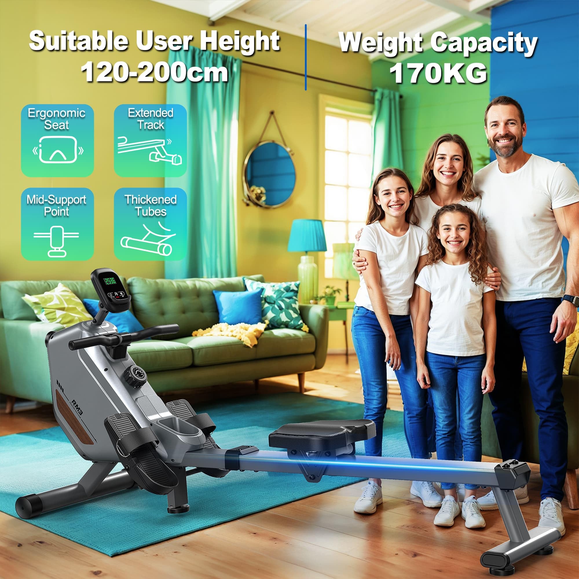 ORISYN Vogatore per casa con resistenza magnetica regolabile, vogatori con computer di bordo Bluetooth, portata 170 kg