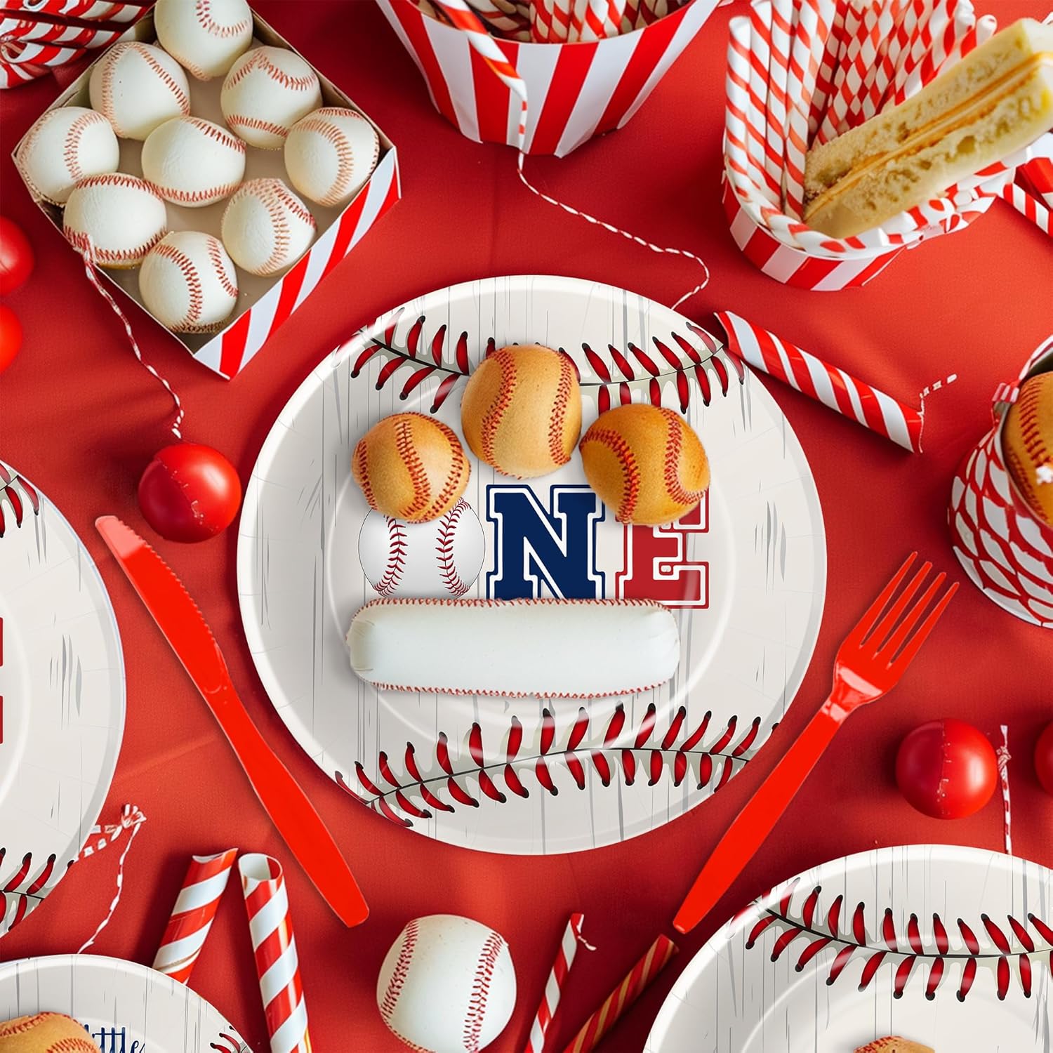 Baseball First Birthday Party Supplies - Rookie of The Year 1st Birthday Decorations Tableware, Plate, Cup, Napkin, Cutlery, Tablecloth, Baseball One-Year-Old Supplies | Serve 24