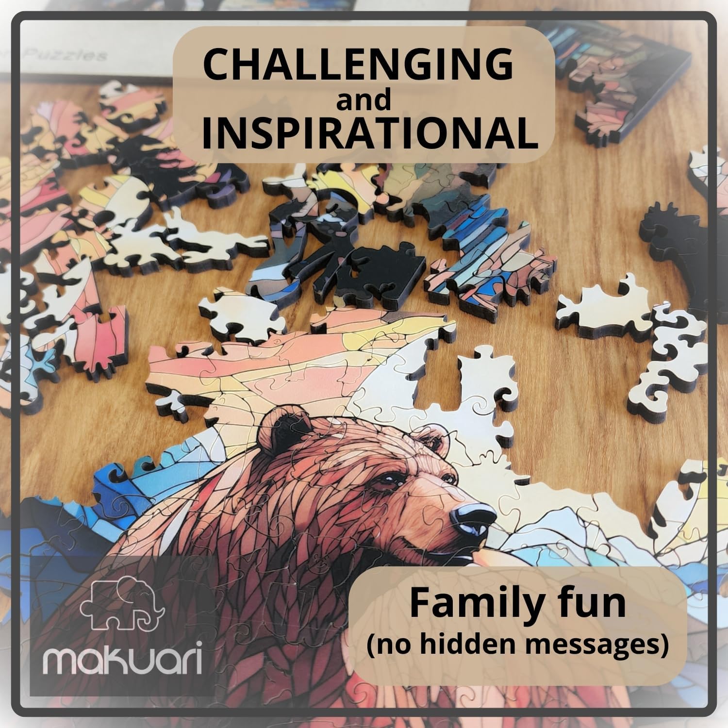 Wooden Puzzles for Adults – 200 Piece Wooden Jigsaw Puzzle with Stained Glass Grizzly Bear Design, Premium 5mm Thick Wood, Unique Art Puzzle and Gift for Puzzle Lovers