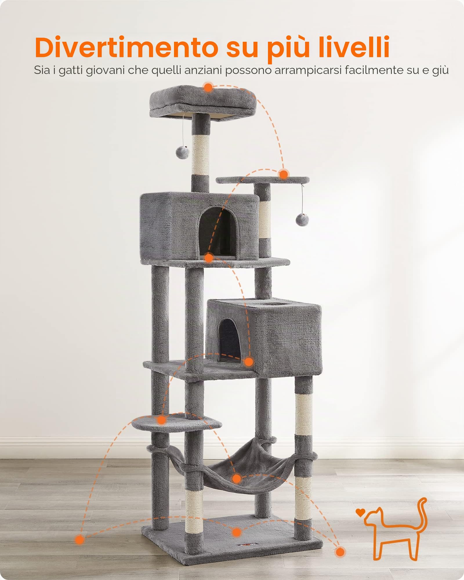 Feandrea Albero per Gatti Alto 191 cm, Tiragraffi per Gatti con 5 Pali Graffiatoi, 2 Posatoi, 2 Grotte, Amaca, 2 Pompon, in Peluche a Più Livelli, Grigio Chiaro PCT191W01