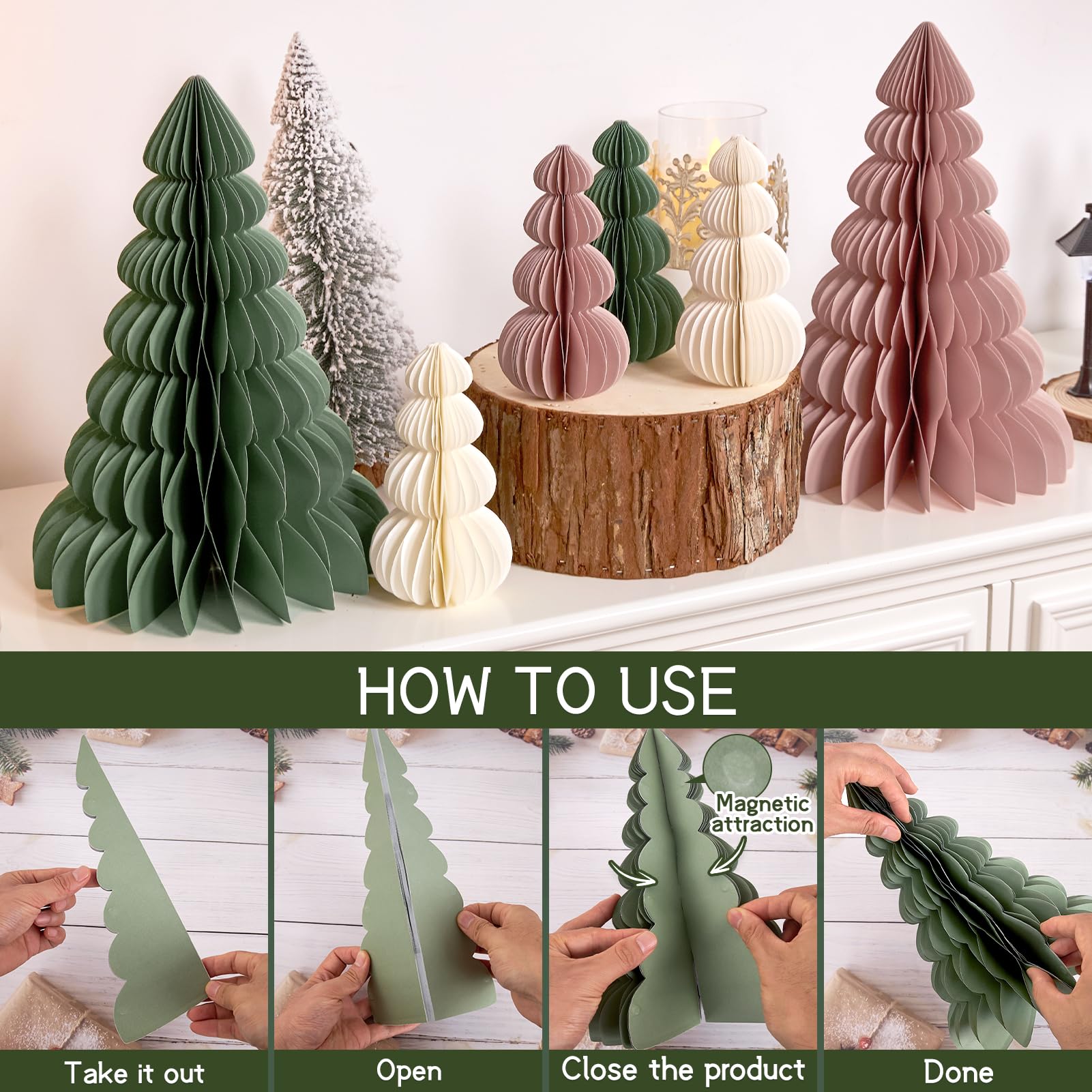 6 Stücke Papier Weihnachtsbaumschmuck Waben Deko Weihnachten Faltbarer Weihnachtsbaum Tischdeko Weihnachten Deko Weihnachten Innen für Esstisch Schrank Fensterbank Kaminsims