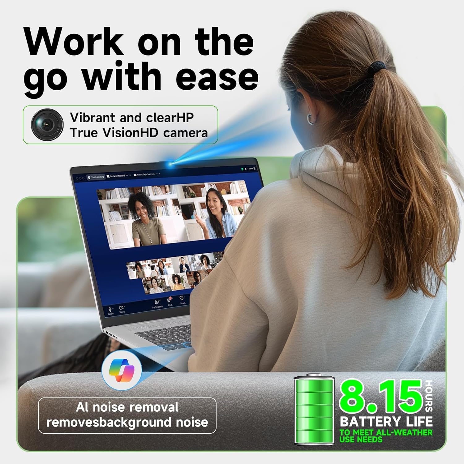 Woman on a couch using her HP laptop for a video call, with icons for HP True Vision HD camera and AI noise removal.