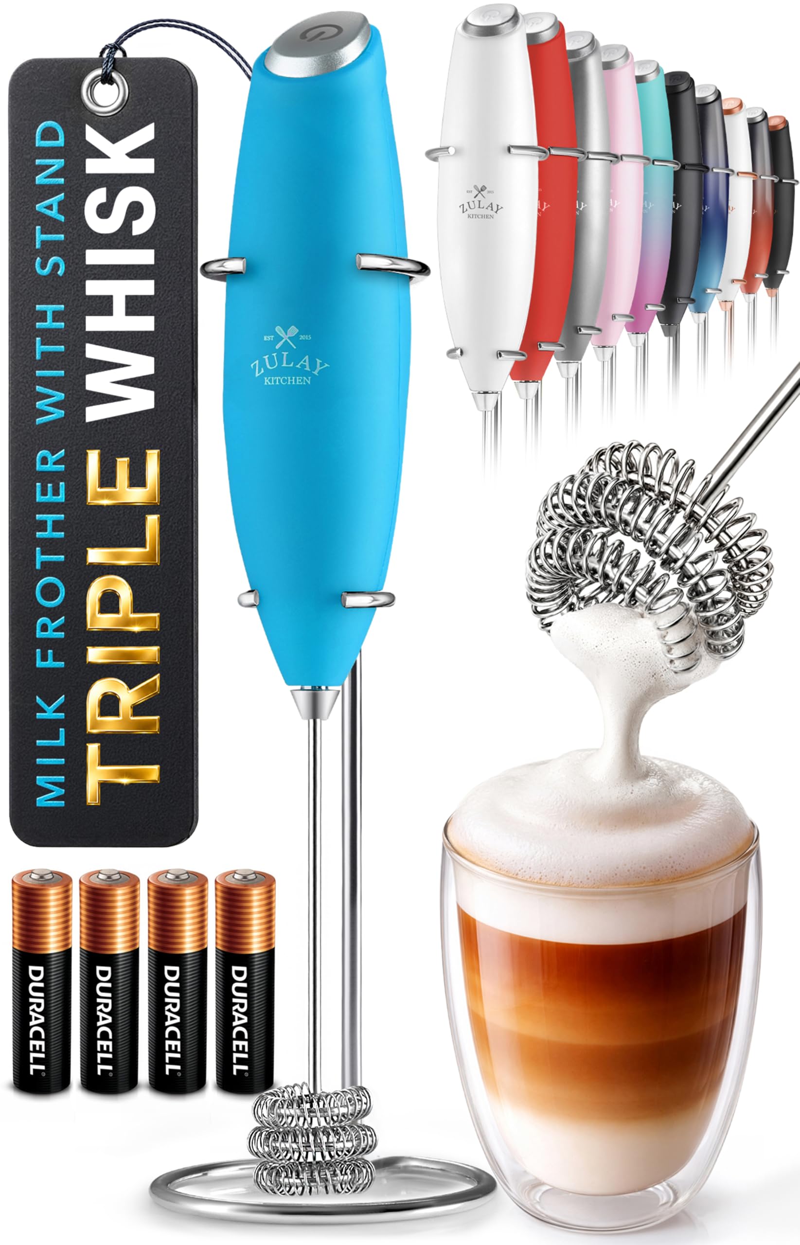 Zulay Kitchen Powerful Milk Frother Wand With Duracell Batteries - Ultra Fast Handheld Drink Mixer - Electric Whisk Foam Maker for Coffee, Lattes, Cappuccino &amp; Matcha - Triple Whisk - Pacific Blue