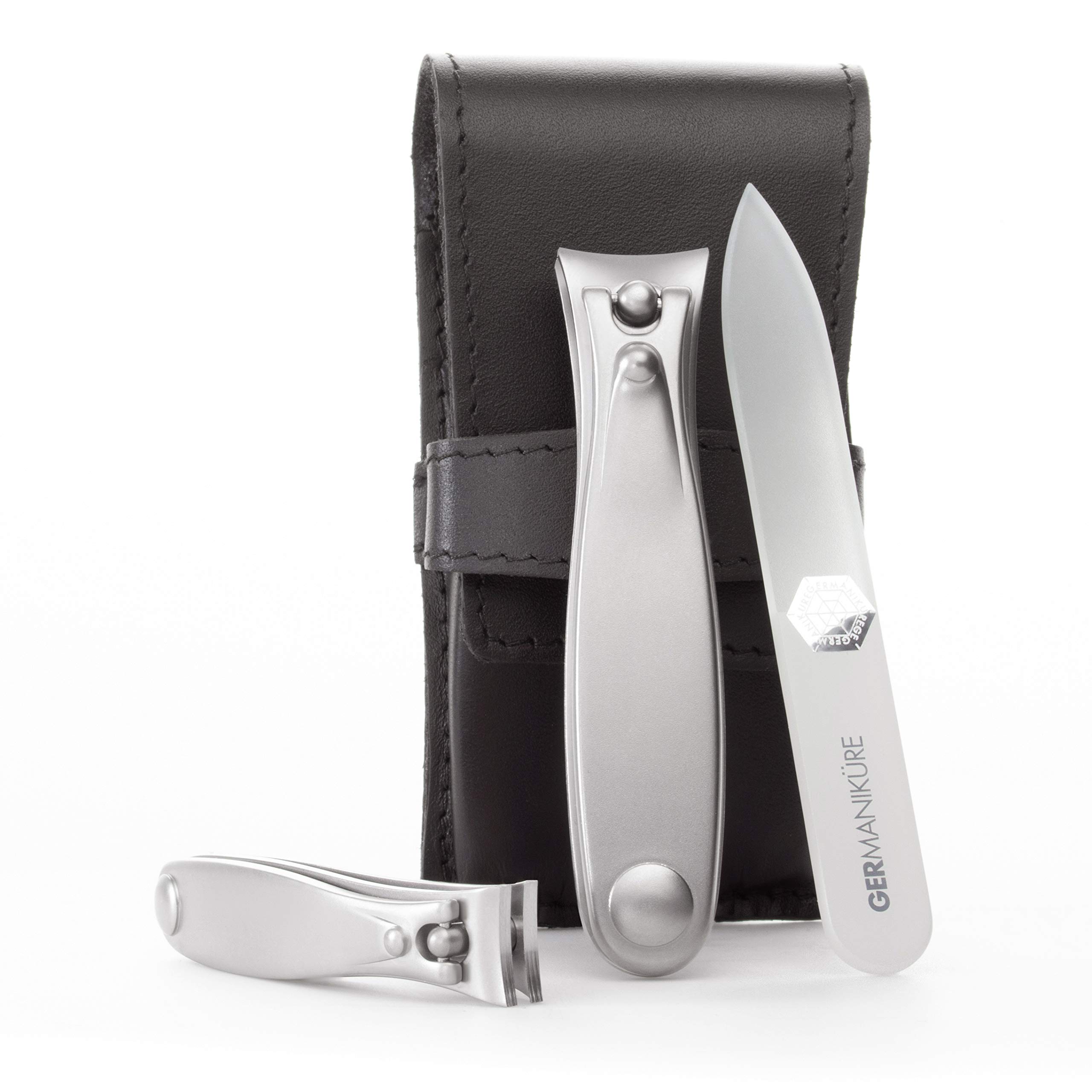 GERMANIKURE Set di tagliaunghie e lima per unghie in vetro in custodia in pelle nera – Made in Solingen Germany of FINOX Stainless Steel, Glass Nail Care Supplies Made in Czech Republic