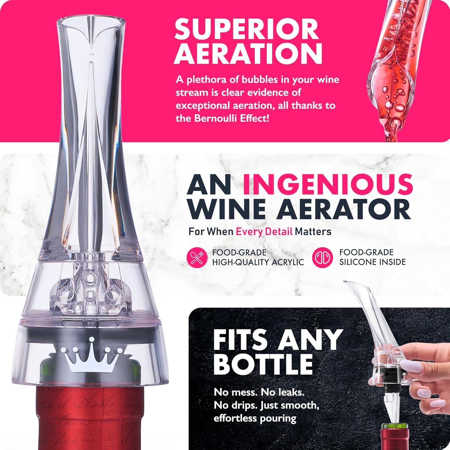 VINABON Wine Aerator Pourer Spout – Updated 2026 Professional Wine Aerator for Superior Flavor, Enhanced Bouquet & Rich, Smooth Finish. No-Leak, No-Drip, Spill-Free Design. Includes Wine Guide eBook - Image 4