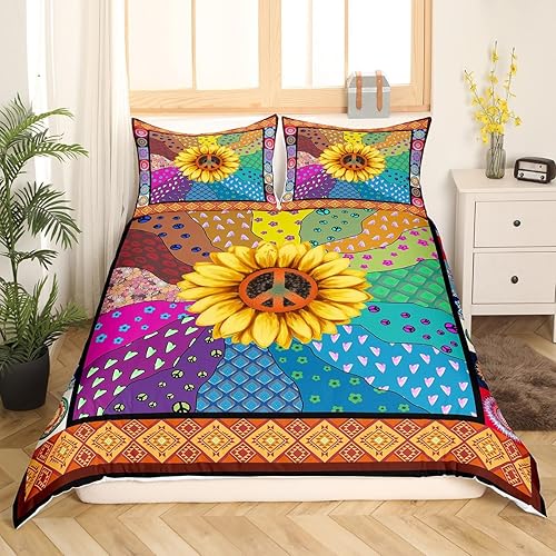 Miniatura 3 de Funda de edredón de estilo bohemio, tamaño Queen, funda de edredón con signo de paz de girasoles con 2 fundas de almohada para adolescentes y
