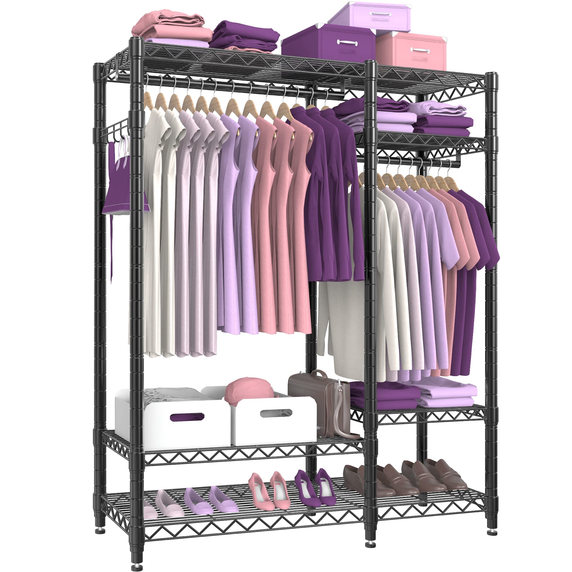 GOODPIE H5 Garment Rack Heavy Duty Clothes Racks, 5 Tiers Freestanding Metal Clothing Rack with Storage Shelf, Heavy Duty Commercial Grade Clothes Rack, Sturdy Wardrobe Rack for Hanging Clothes, Black
