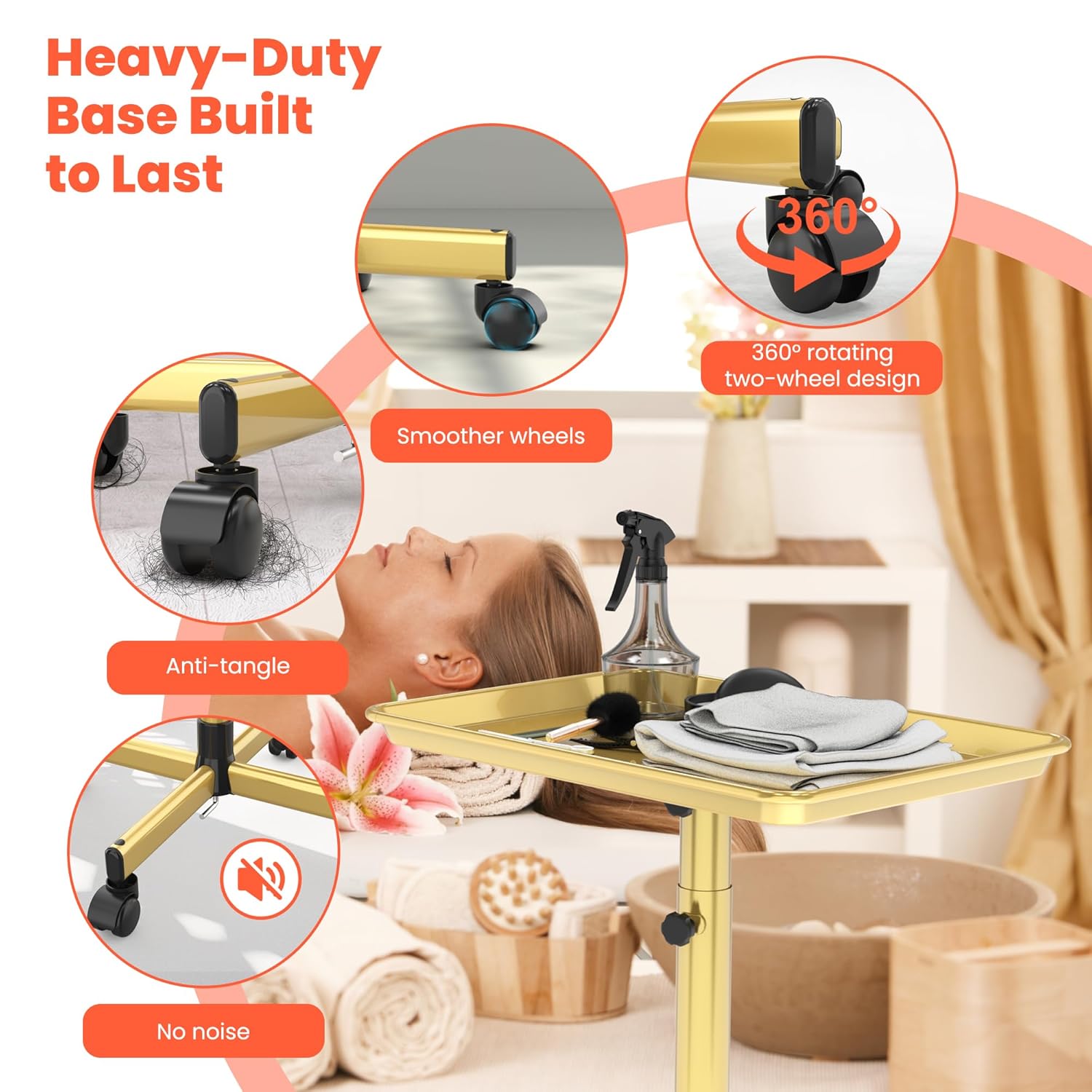 TASALON Rolling Salon Cart, Mobile Styling Station with Wheels Aluminum Rolling Tray Trolley for Salon Essentials, Adjustable Heightfor Hairstylist Tray with 10 PCS Disposable Salon Tray Cover,Gold