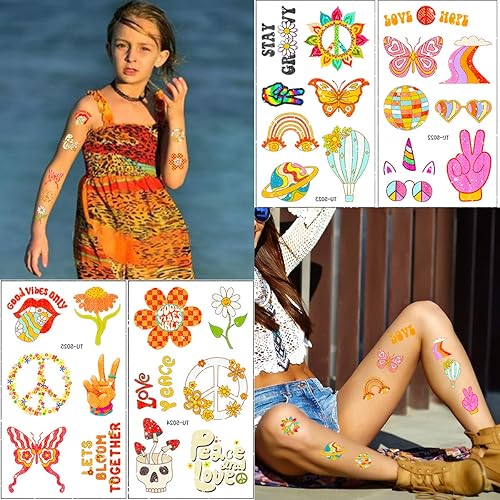 Miniatura 4 de 125 tatuajes temporales de los años 70 con purpurina hippie, tatuajes falsos de flores, mariposas, amor, paz, tatuajes impermeables para mujeres,