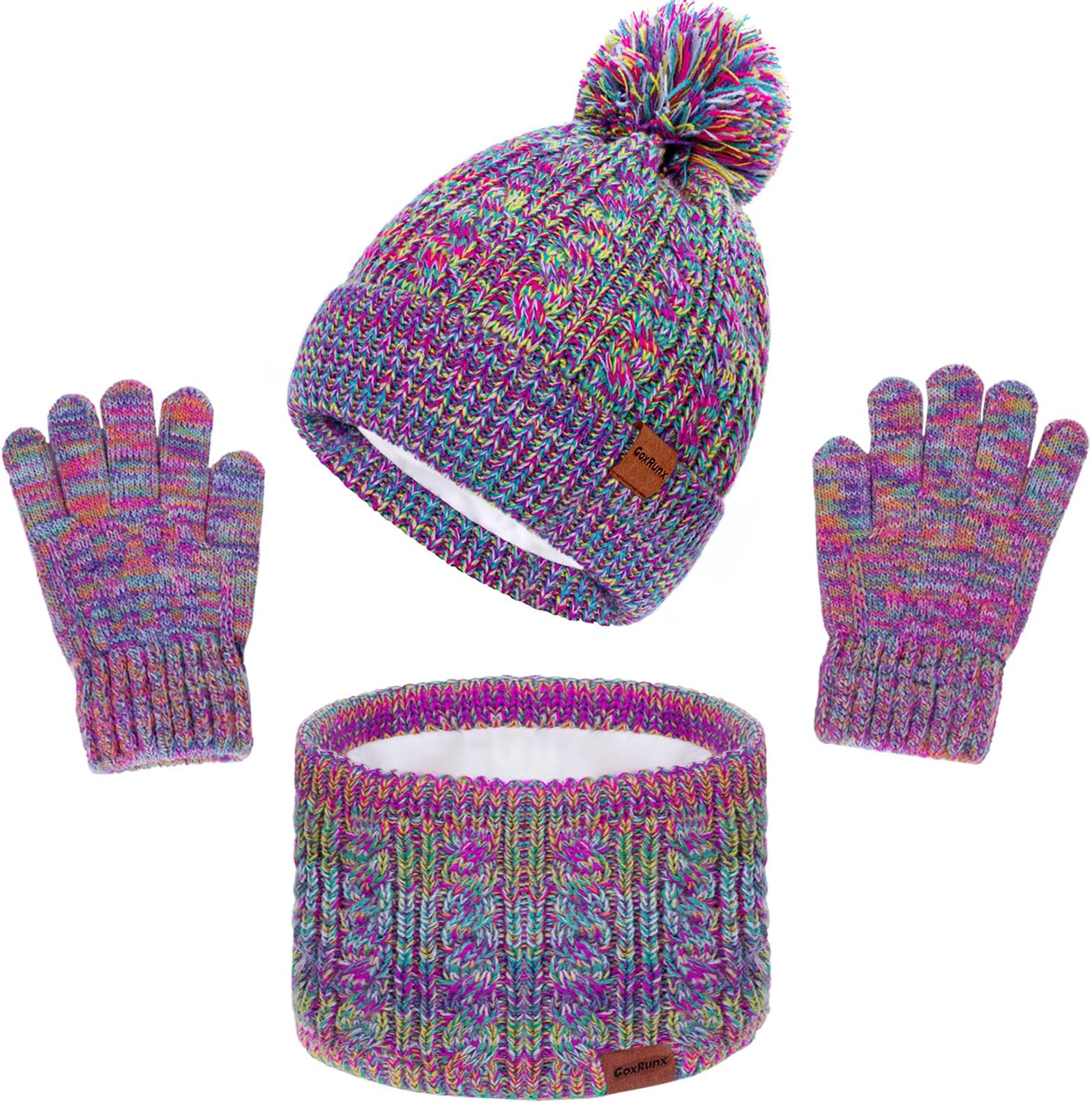 3 Pcs Kids Winter Hat Gloves Scarf Set, Toddler Knitted Beanie Hat Neck Warmer Mittens Fleece Lined Set for Boys and Girls