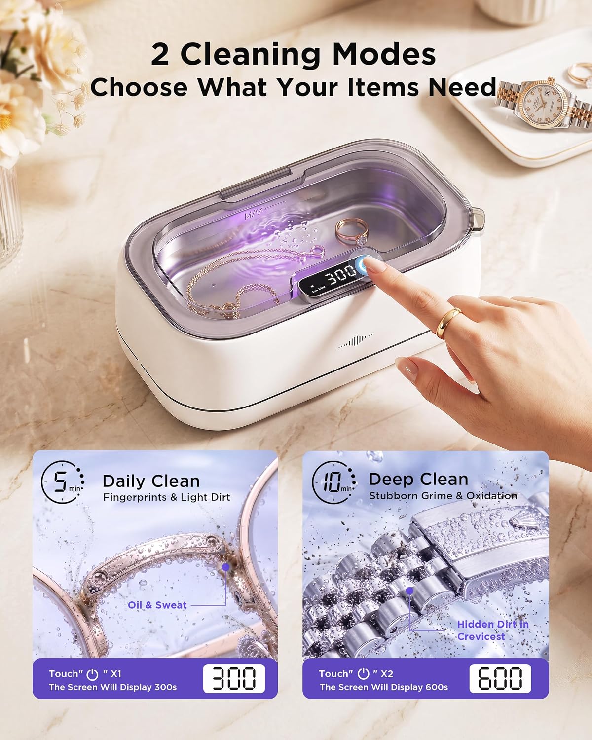 Ultrasonic Jewelry Cleaner Machine: 48kHz 5Min Shine,10Min DeepClean