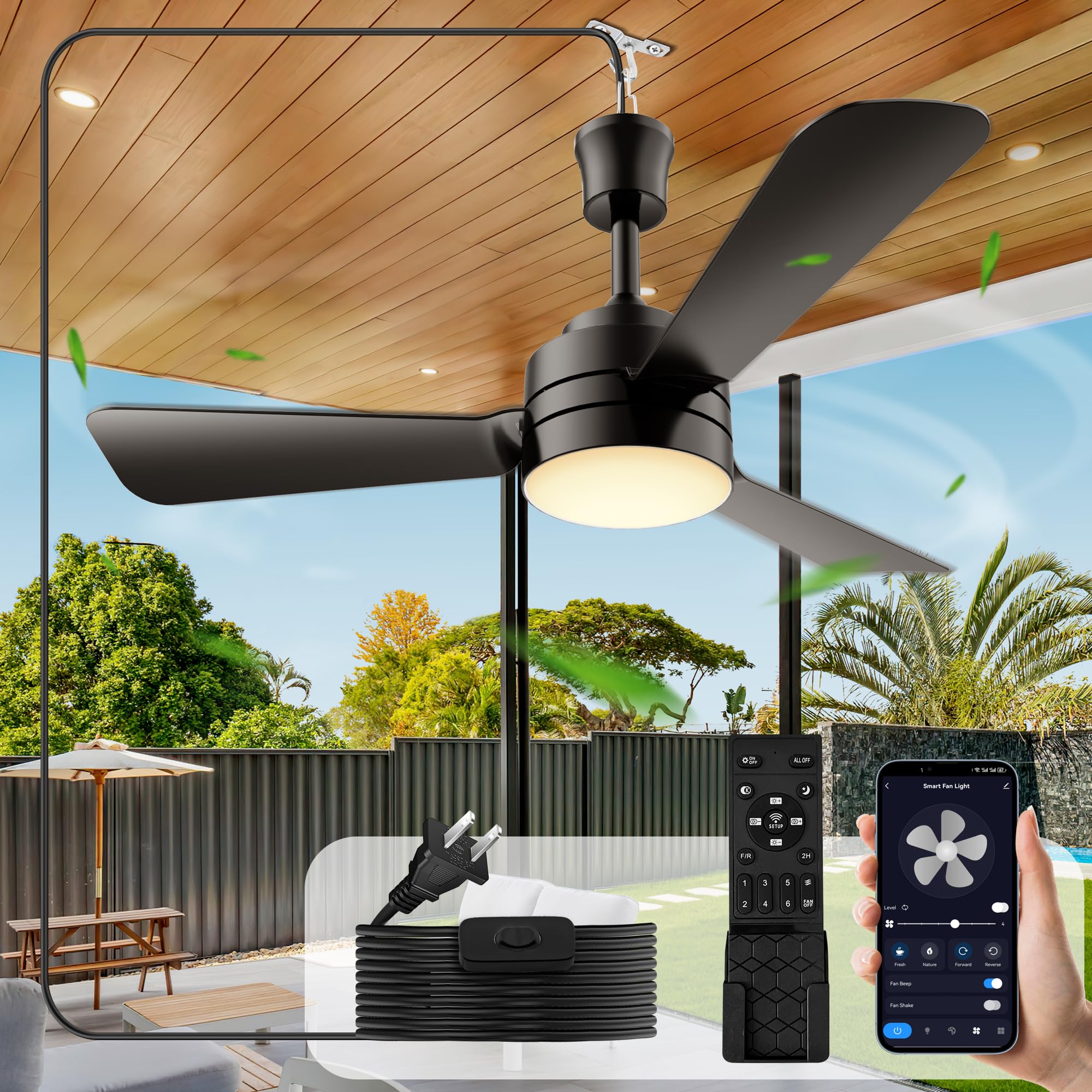 PBLALA Ceiling Fans with Lights,28" LED Fan Light Hanging with Hook,Hook Type Ceiling Fan,Plug in Ceiling Fan Light,35W,3000-6500k,Remote Control,