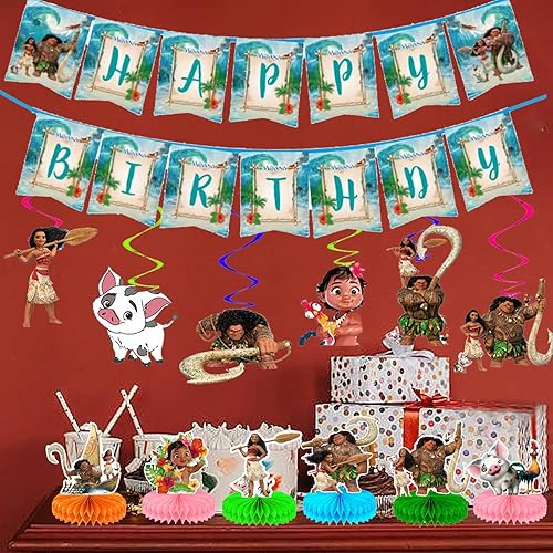 Miniatura 7 de Moana - Suministros para fiesta de cumpleaños, decoraciones de fiesta de Moana, incluye pancarta de feliz cumpleaños, espirales colgantes y centros