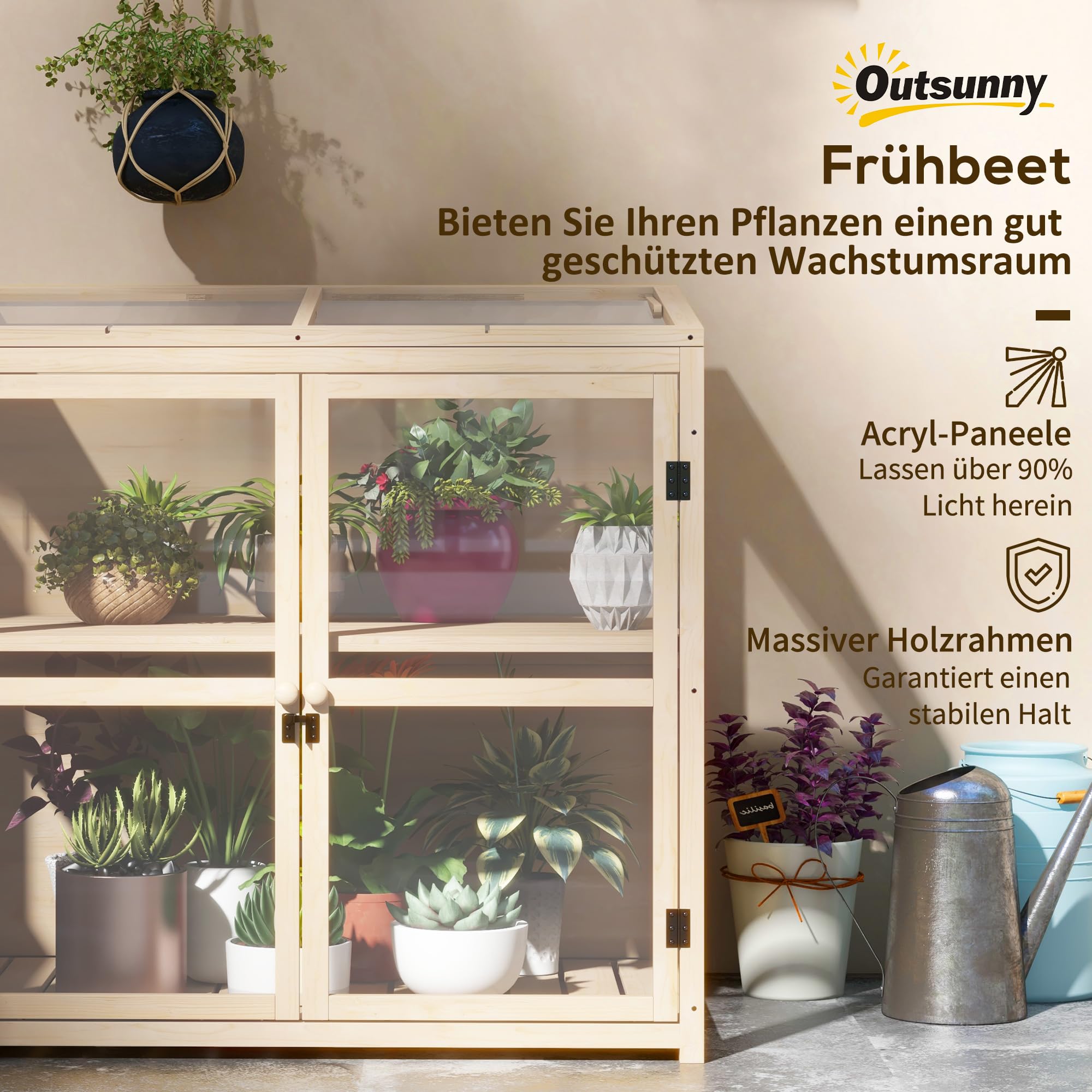 Outsunny Inspekt z drewna, 2-stopniowe okno dachowe, kolor naturalny, 103 x 61 x 103 cm | Szklarnia, podwyższona grządka, podwójne drzwi, wiatroszczelna szklarnia, na balkon, do ogrodu