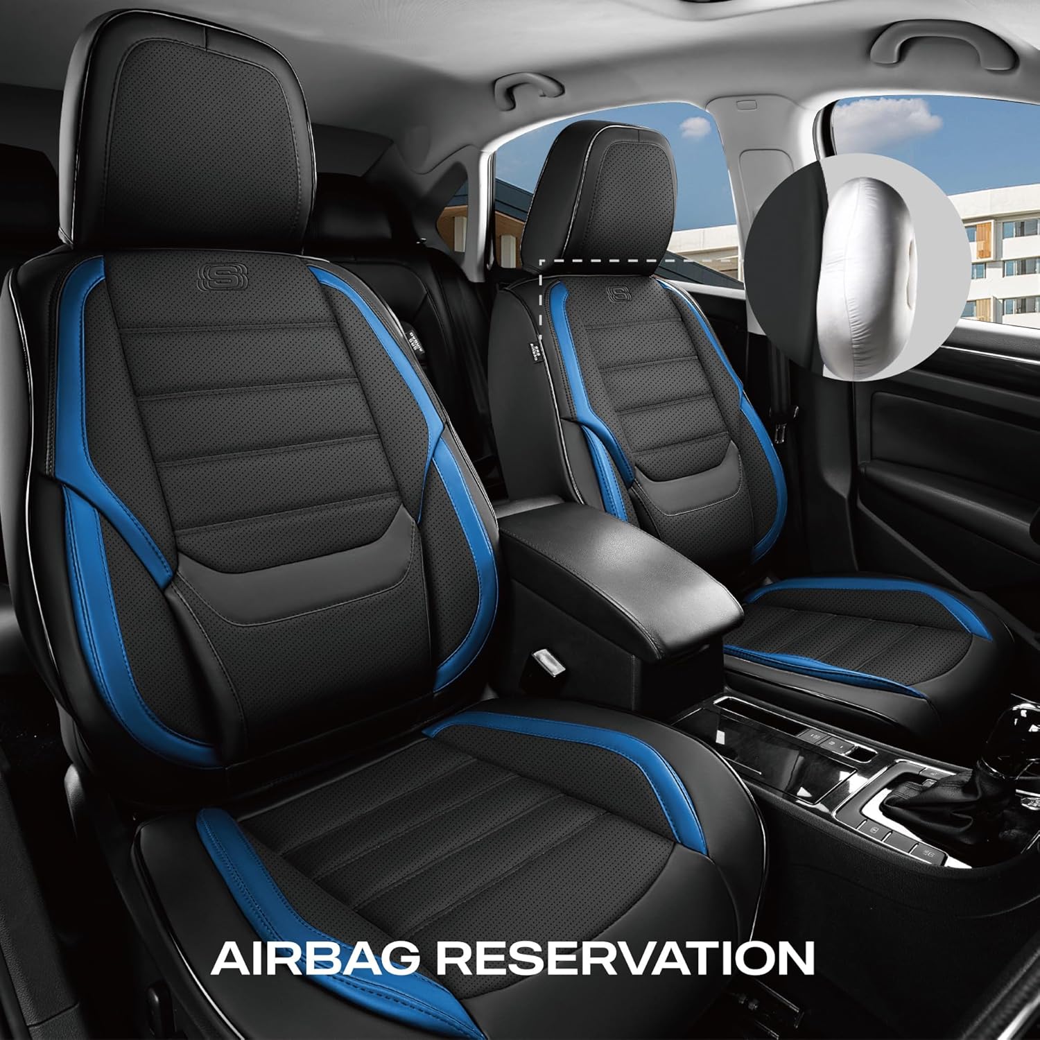 Skechers MAX Cushioning Seat Covers,Memory Foam Leather Car Seat Covers,Waterproof Front Seat Covers,Car Seat Cushion Airbag Automotive Universal Fit for Most Cars,Vans,Trucks,SUV,Blue