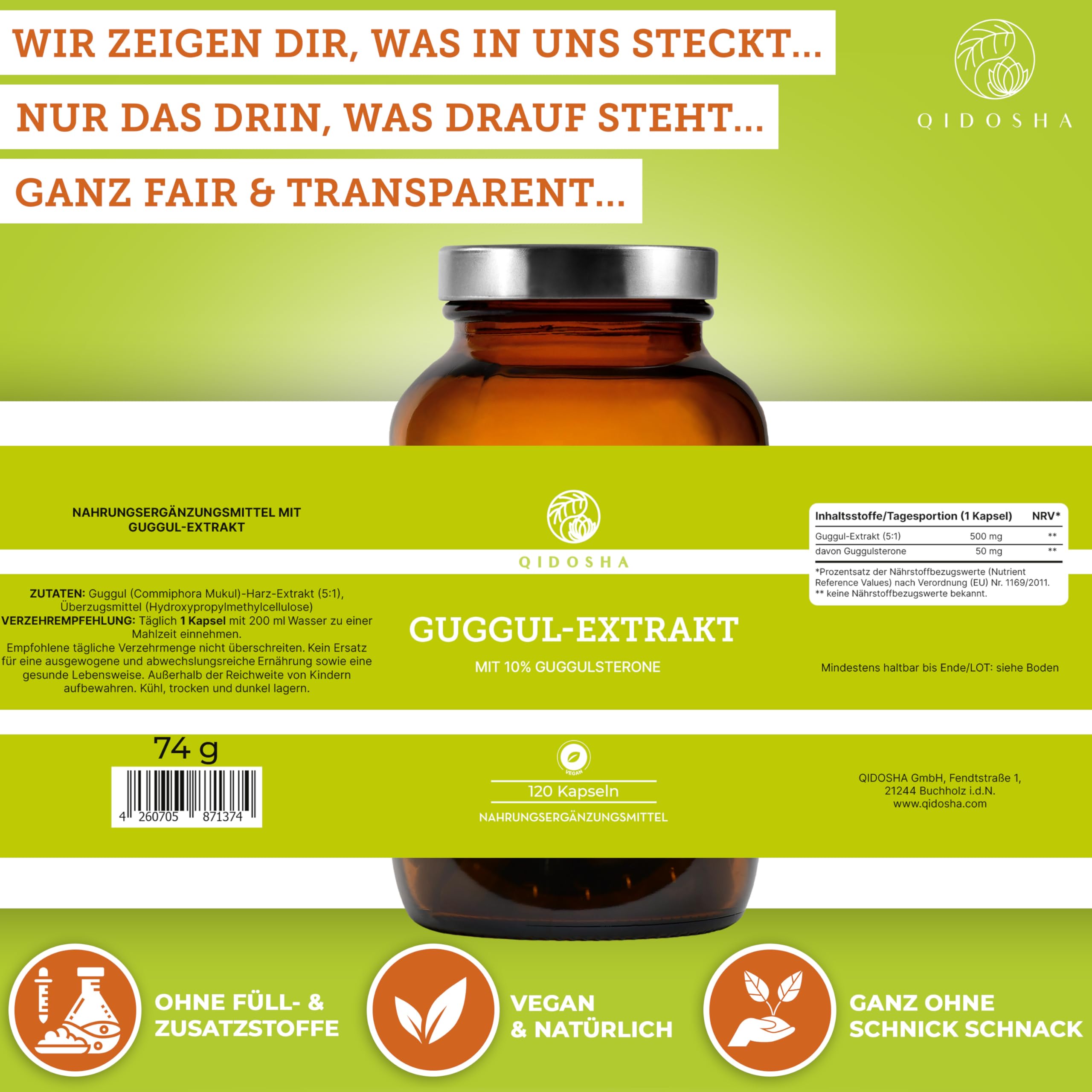 QIDOSHA® Guggul Extrakt Kapseln hochdosiert mit 10% Guggulsterone, 120 Guggulu Kapseln im Apothekerglas, Guggulu Extrakt 500mg je Kapsel mit 50mg Guggulsterone, höchster Guggulsterone-Anteil am Markt