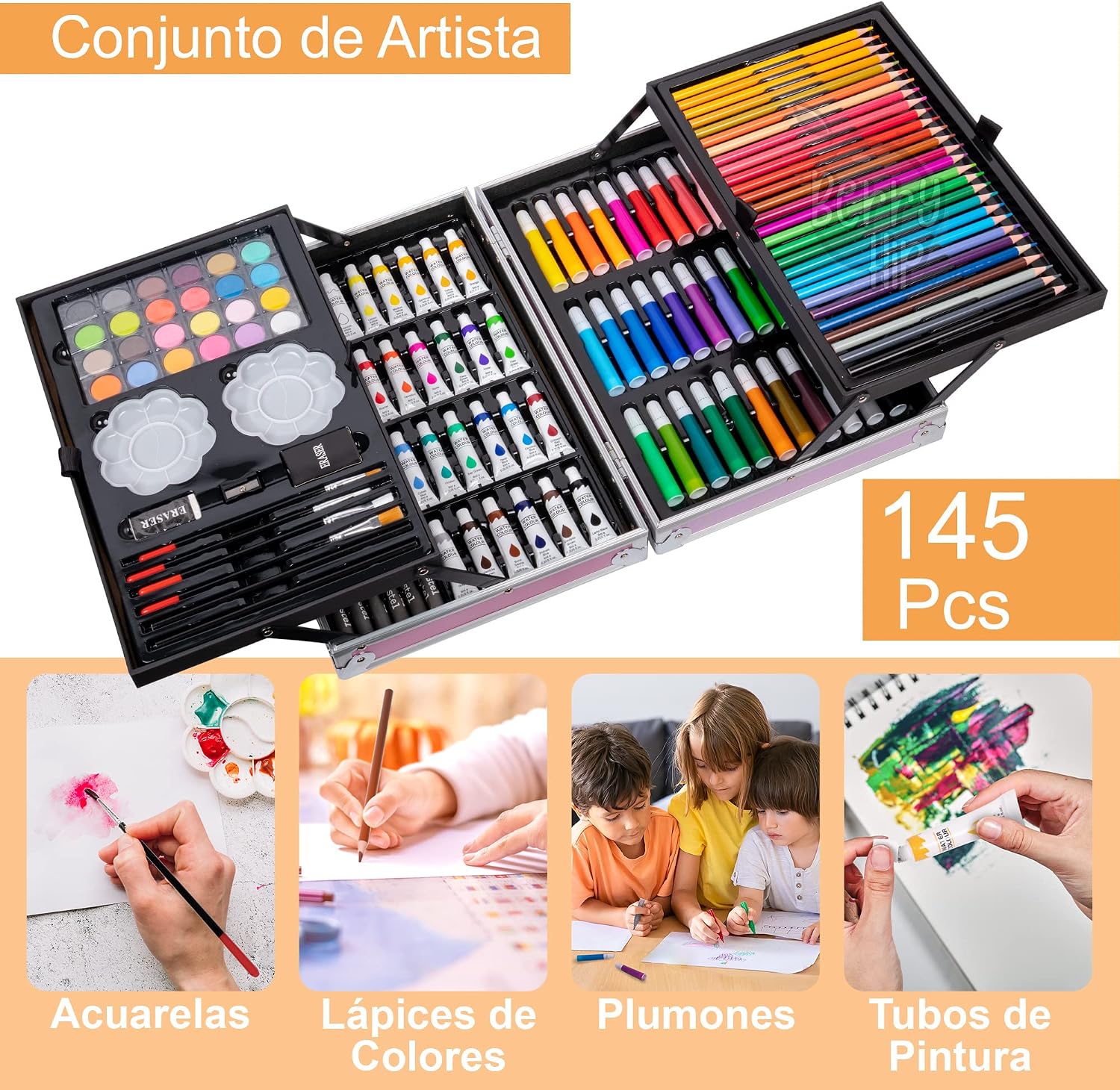 Berry Hip Set de Arte Profesional Plegable: Un completo conjunto de arte que incluye todo lo que necesitas para dar rienda suelta a tu creatividad y expresión artística en cualquier momento y lugar.
Versatilidad en tus manos: Con 33 marcadores de alta calidad, 24 crayones pastel, 24 acuarelas y 24 tubos de pintura acrílica, tendrás una amplia paleta de colores vibrantes y opciones artísticas para explorar y experimentar.
Herramientas precisas y detalladas: Los 28 colores de lápices de colores te permiten agregar detalles precisos y efectos artísticos a tus obras. Los 4 pinceles de diferentes tamaños y formas te brindan control total sobre tus trazos y la posibilidad de experimentar con distintas técnicas de pintura.
Preparado para el arte en movimiento: El set es plegable y portátil, lo que facilita su transporte y te permite llevar tu pasión artística contigo a donde vayas. Ideal para viajes, salidas al aire libre o simplemente para tener todo organizado en tu espacio de trabajo.
Completo conjunto de herramientas: Además de los lápices, marcadores, crayones y pinturas, el set incluye 2 lápices HB, 3 godets para mezclar colores y diluir pinturas, 2 gomas y 1 sacapuntas. Todo lo necesario para mantener tus herramientas en óptimas condiciones y asegurar una experiencia de arte sin contratiempos.