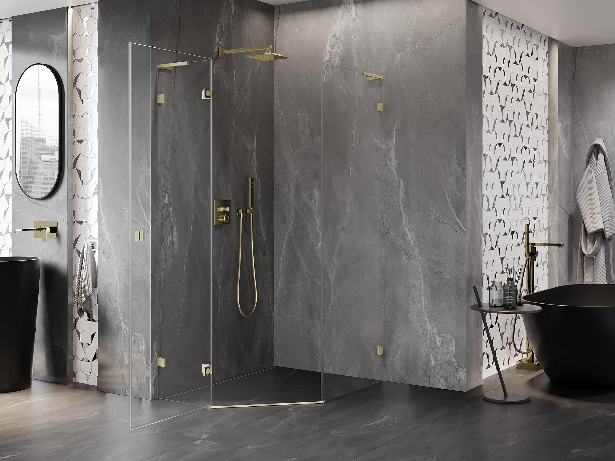 Mexen Lunar L Box Doccia Cinquagonale Porta Battente Sinistra 80x100 Trasparente Oro Spazzolato